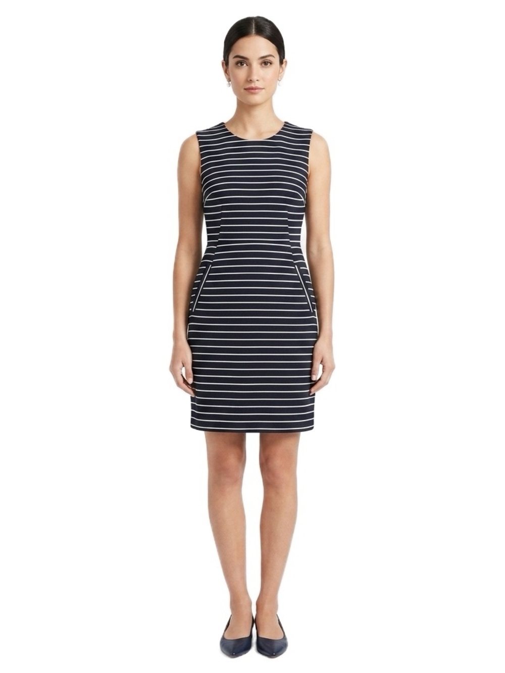 Lands End Women’s Navy Striped Shift Dress with Pockets